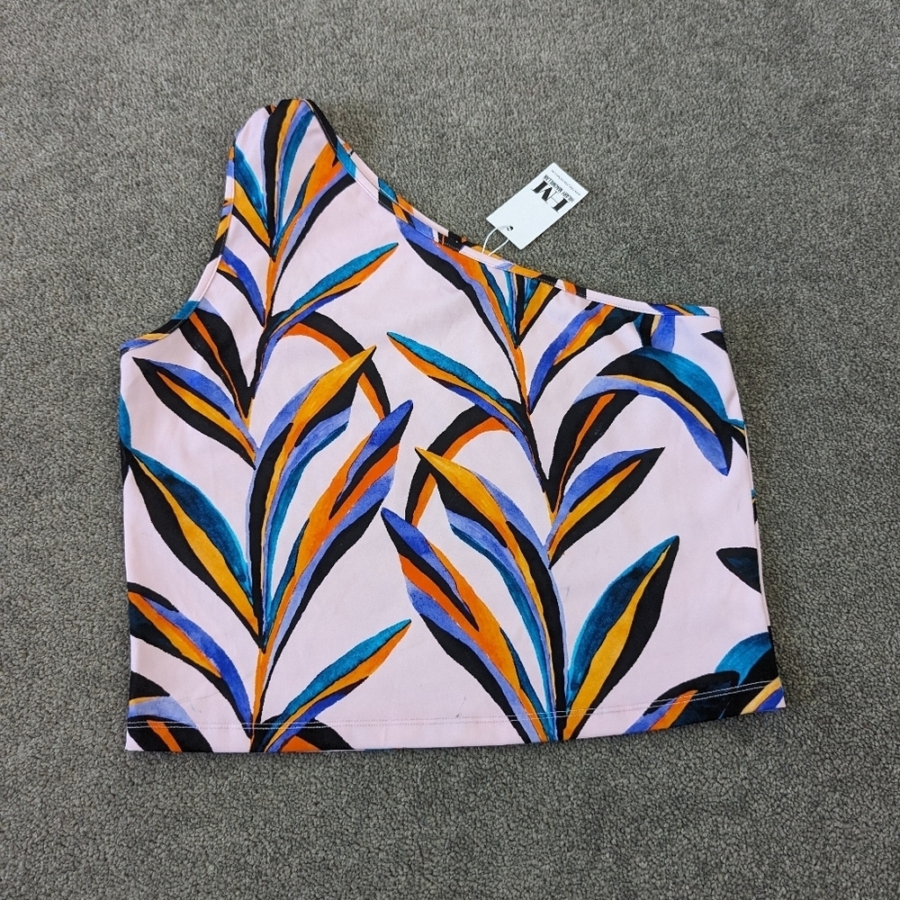 NWT Hilary Macmillan One-Shoulder Pink Tropical Leaf Top XL
